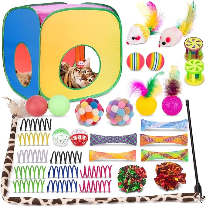 Retro Shaw Cat Toys, 33Pack Large Cats Toys, Interactive Kitten Toys for Indoor Cats Kitty with Collapsible Game Tunnel Tube Tent Feather Wand Teaser Bell Fuzzy Ball Springs Mouse Toys