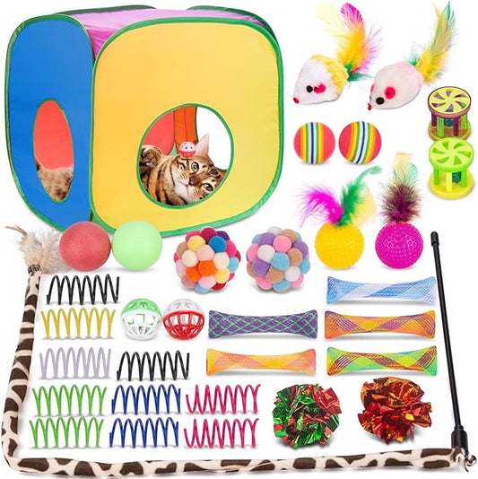 Retro Shaw Cat Toys, 33Pack Large Cats Toys, Interactive Kitten Toys for Indoor Cats Kitty with Collapsible Game Tunnel Tube Tent Feather Wand Teaser Bell Fuzzy Ball Springs Mouse Toys