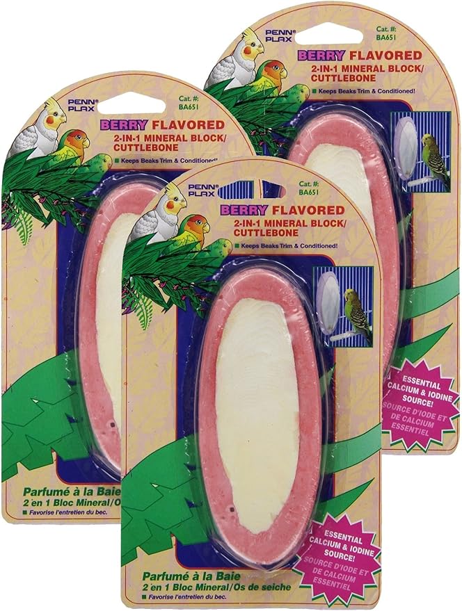 Penn-Plax Berry Flavored 2-in-1 Cuttlebone and Mineral Block Combo for Birds, 3 Pack