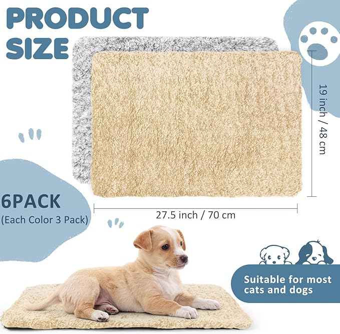 6 Pack Self Warming Cat Pads 19 x 28 Inch Self Heating Dog Cat Mats Extra Warm Thermal Pet Bed Washable Pet Crate Mat Blanket Removable Cover Non Slip for Indoor Outdoor (Grey Beige)