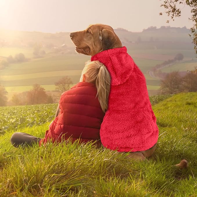4XL Dog Sweaters for Large Dogs,Dog Hoodie,Warm Fuzzy Fleece Sweatshirt with Hood & Pocket,Leash Hole,Cozy Cold Weather Pet Clothes Sweater Hoodie for Large Dogs(Red,4XL)