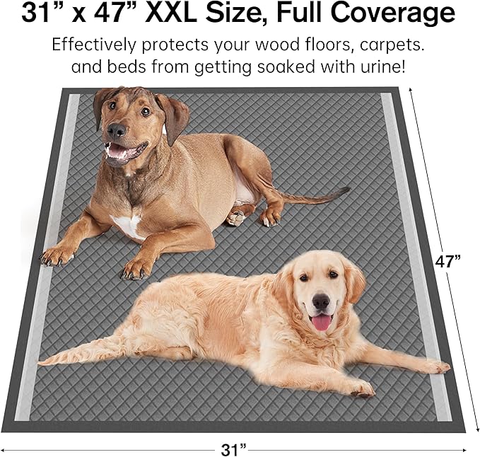 31"x47" Activated Charcoal Dog Pee Pads - 100 Count,Extra Large,Super Absorbent, Leakproof, Long-Lasting Odor Control, Ideal for Large Dogs and Potty Training Puppies