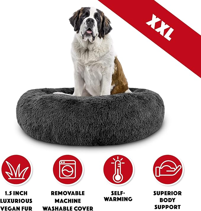 The Dog’s Bed Sound Sleep Donut Dog Bed, XXL Grey Fur Calming Nest Bed Removable Cover