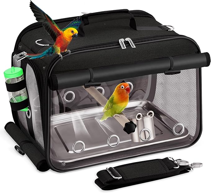 Sanmoncare Airline Approved Bird Carrier, Indestructible Stainless Steel Mesh Parrot Travel Cage, Cockatiels Travel Carrier Lightweight and Portable with Water Bottle and Bowl