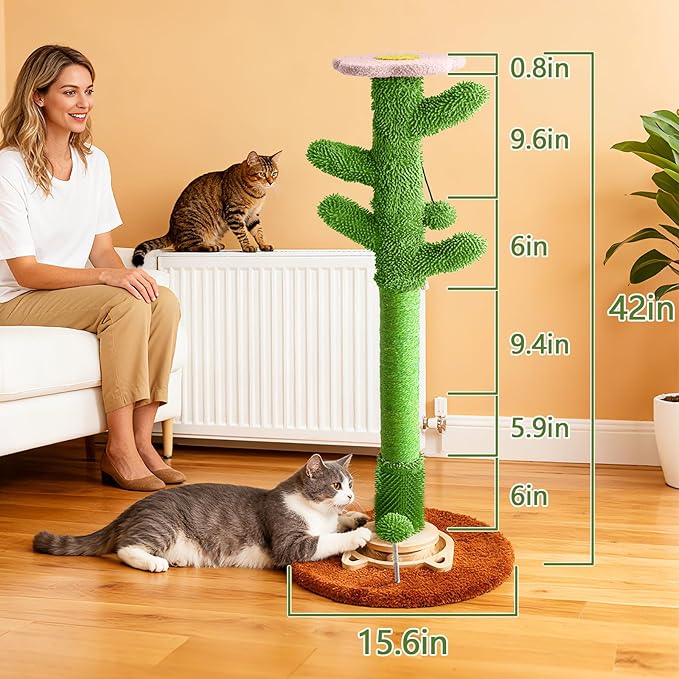 DIY Cactus Cat Scratching Post with Self-Grooming Brush and Ball Toy, 9+ Adjustable Installation Styles, Modular Sisal Cat Scratching Post for Indoor Cats and Kittens, Customizable Cat Furniture