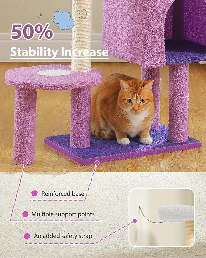 Cute Cat Tree - 35.4" Purple Cat Tower Cat Condo for Indoor Cats w/Removable Cloud Bed, Cozy Metal Frame Hammock, Sisal Scratching Post, and Replaceable Toy Ball, for Small-medium Cats, Purple