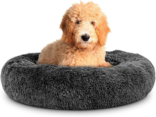 The Dog's Balls Sound Sleep Donut Dog Bed, Grey Plush Large Removable Cover Calming Nest Bed