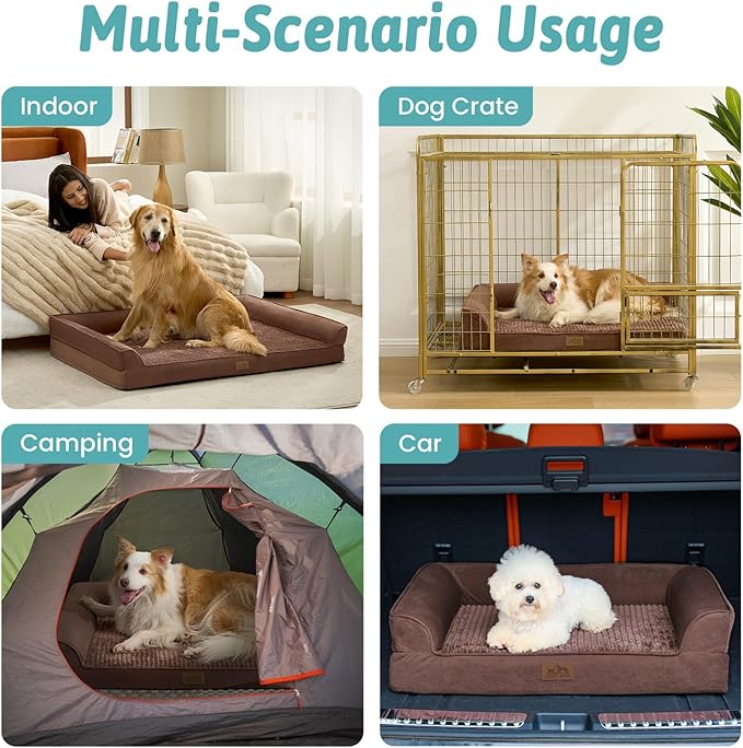 Orthopedic Dog Beds for Large Sized Dog, XL Bolster Pet Couch with Waterproof Lining, Egg Crate Foam Sofa for Pets Up to 100 lbs, U-Shaped, 44x32x7 inch, Brown