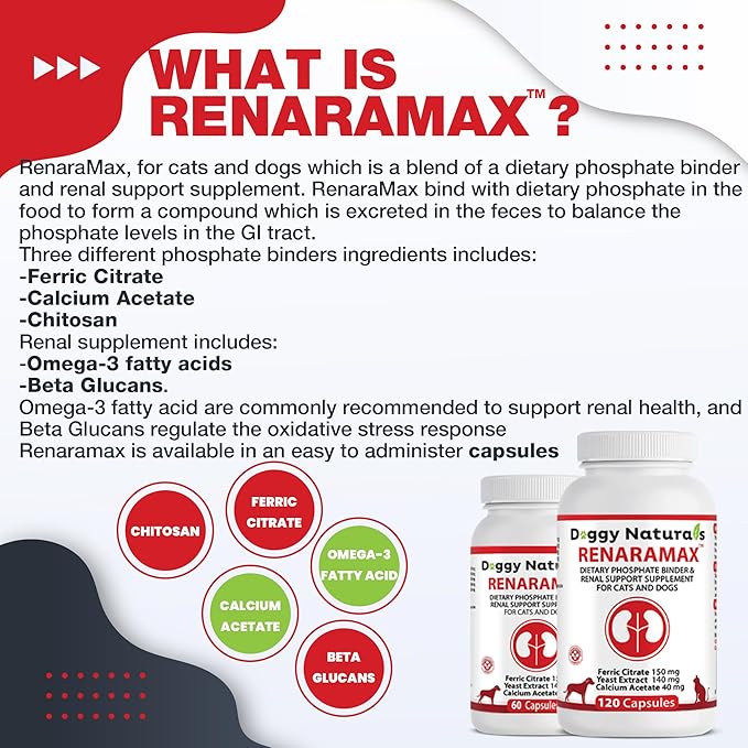RENARAMAX Dietary Phosphate Binder and Renal Support Supplement for Cats and Dogs Count (Made in U.S.A) (60 Caps)