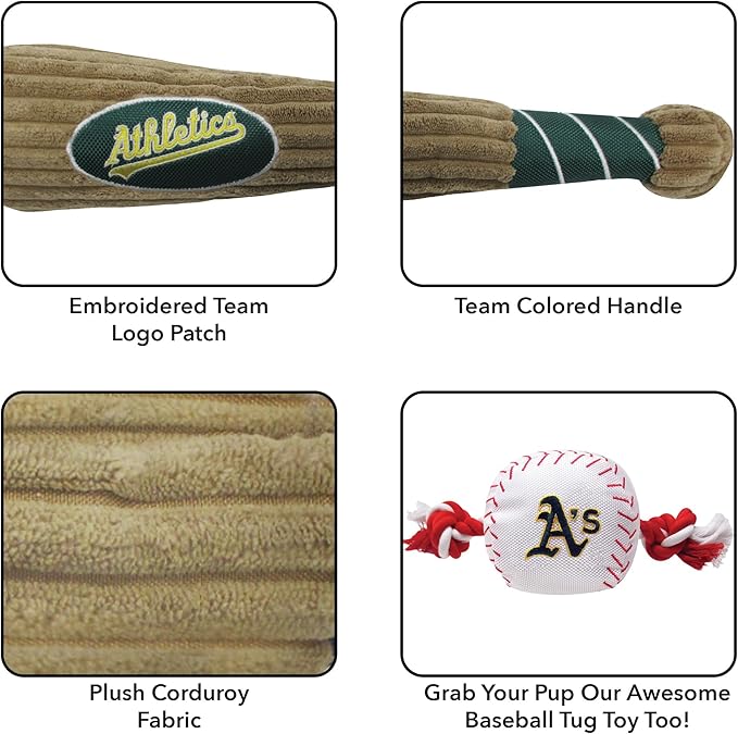 MLB Oakland Athletics Baseball Bat Toy for DOGS & CATS. Soft Corduroy Plush Dog Toy with Inner SQUEAKER, MLB Chew Toys for Dogs or Cats. Durable Fun Interactive Dog Toy with Team Names and Logo