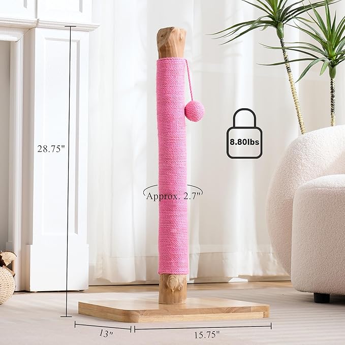 29" Tall Cat Scratching Post with Sisal Scratcher, Extra-Stable & Natural Solid Rubber Wood Base, Hanging Ball Toy for Indoor Cats Adults & Kittens, Pink