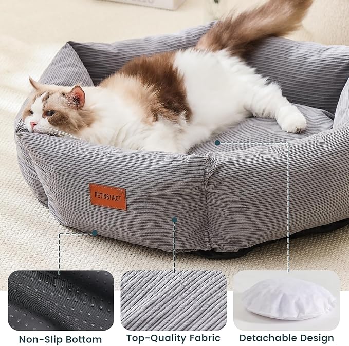 Large Cat Bed, Washable Orthopedic Cat Beds for Indoor Cats, Soft Donut Calming Dog Bed for Small Medium Dogs with Anti Slip Bottom, Cute Kitten Bed, 29.5x29.5x7.9 in, Gray