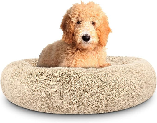 The Dog’s Bed Sound Sleep Donut Dog Bed, Large Dog Beige Fur Calming Nest Bed