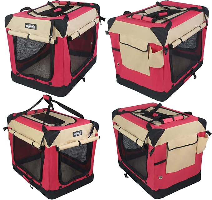 EliteField 4-Door Folding Soft Dog Crate with Curtains, Carrying Bag and Fleece Bed (2 Year Warranty), Indoor & Outdoor Pet Home (24" L x 18" W x 21" H, Red+Beige)