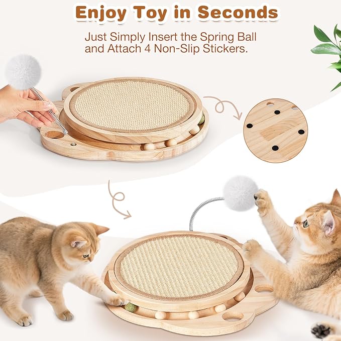 Cat Scratcher with Natural Sisal Pad, 3-in-1 Cat Scratching Board, 2-Tier Kitten Toys with Wooden Ball Track & Spring Ball -No Assembly Cats Activity Center, for Indoor and Outdoor