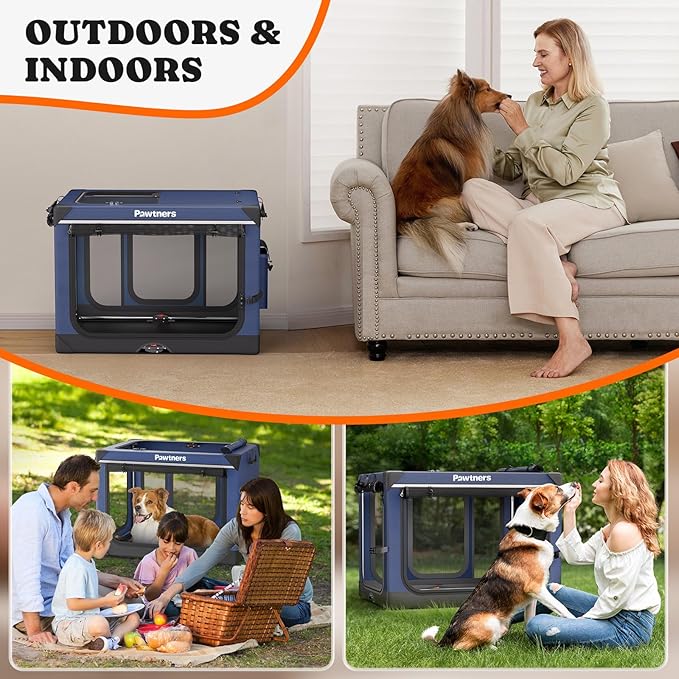 Collapsible Dog Crate: 38 Inch Foldable Soft Sided Dog Crate for Large Dogs, Portable Dog Travel Kennel with Soft Mat for Indoors & Outdoors, Blue