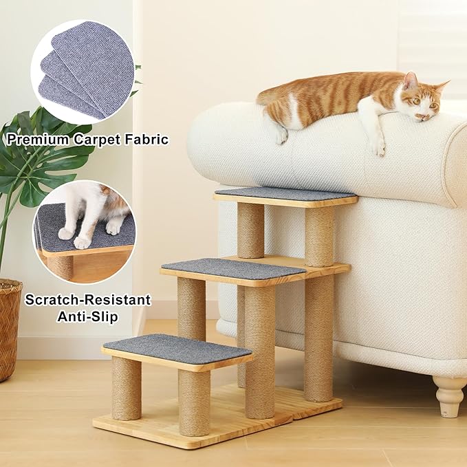FUKUMARU Dog Stairs, Solid Wood Pet Stairs with Cat Scratching Post, Transformable Cat Ramp Can Hold Up to 200 lbs, 20 Inch Pet Steps for Dogs and Cats to Climb High Bed and Couch, Over 6 Combinations