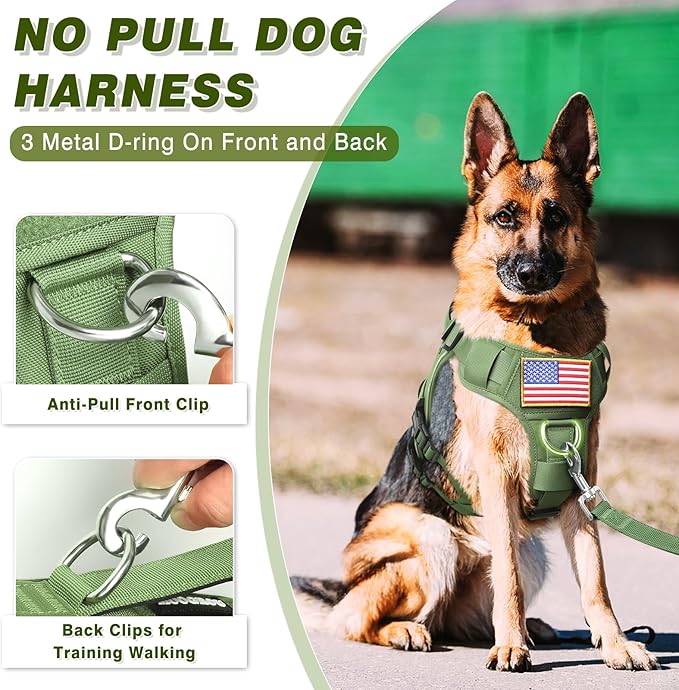 Tactical Service Dog Vest Harness and Leash Set,Heavy Duty Dog Harness with Metal Buckles for Medium Sized Dogs,Adjustable No Pull Pet Vest with Patches for Training Working Hiking,Green M