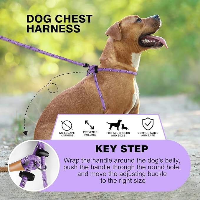 Lynxking No Pull Rope Dog Harness No Pull Reflective Leash Harness Collar 3 in 1 Dog Halter Harnesses Adjustable for Large Giant Dog (Light Purple, Small 3/8 inch)