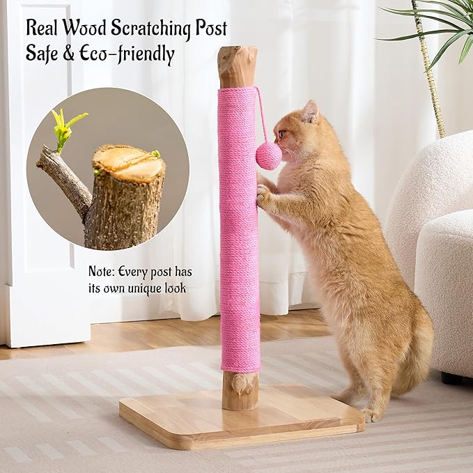 29" Tall Cat Scratching Post with Sisal Scratcher, Extra-Stable & Natural Solid Rubber Wood Base, Hanging Ball Toy for Indoor Cats Adults & Kittens, Pink