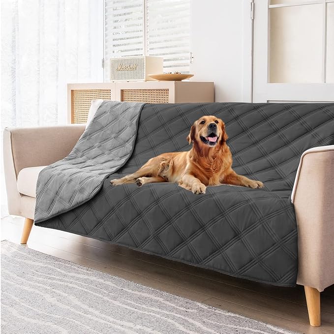 fuguitex Waterproof Dog Blanket Reversible for Small Dogs Resistant Leakproof Washable Couch Cushion Bed Protector Cover for Indoor Furniture Pet Friendly（82"*102",Dark Grey+Grey