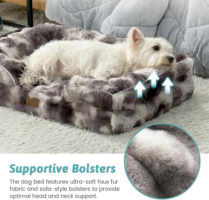 Faux Fur Orthopedic Dog Bed, Pet Couch for Medium Dog, Big Supportive Foam Bolster Sofa with Waterproof Lining Cover, Anti-Slip, Soft, Warm, Washable, C-Shaped, 30x20x6.5 inch, Tie-dye Grey