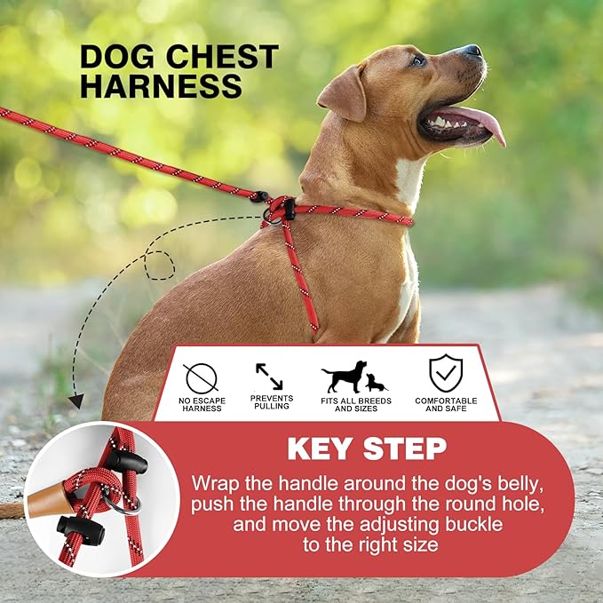 Lynxking No Pull Rope Dog Harness No Pull Reflective Leash Harness Collar 3 in 1 Dog Halter Harnesses Adjustable for Large Giant Dog (Red, Extra Large(up to 80Ibs) 10ft*1/2")