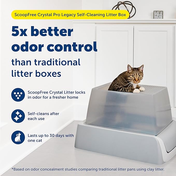 PetSafe Legacy ScoopFree Crystal Pro Self-Cleaning Automatic Litter Box - Top-Entry Motion-Sensing Cat Box with Integrated Health Counter - Includes 1 Disposable Crystal Litter Tray