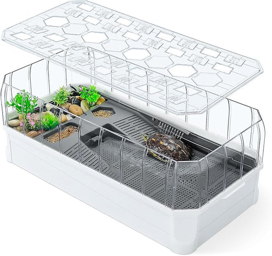 Turtle Habitat Spacious Turtle Tank Kit with Rain Shower Filter SPA & Easy Drain - Perfect for Baby Turtles, Red Eared Sliders Tortoises White, 18.2×9.2×8 Inch