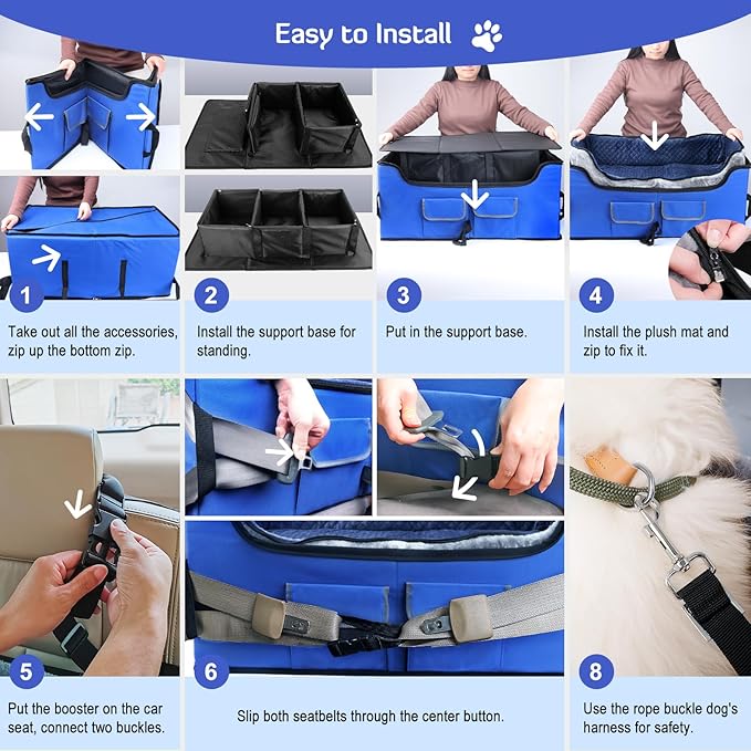 INFANZIA Dog Booster Car Seat for Small Medium Large Dogs, Elevated Pet Car Seats with Safety Leash for Pets Under (Royal Blue, Large)