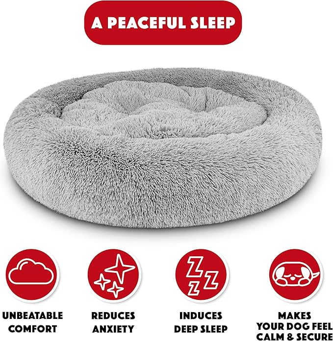 The Dog’s Bed Sound Sleep Donut Dog Bed, XL Silver Grey Fur Calming Nest Bed Removable Cover