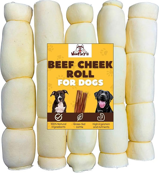 Woofley's 9-10" Buffalo Beef Cheek Roll - (5 Count)- Beef Cheek Rolls for Dogs - Long Lasting Natural Dog Chews