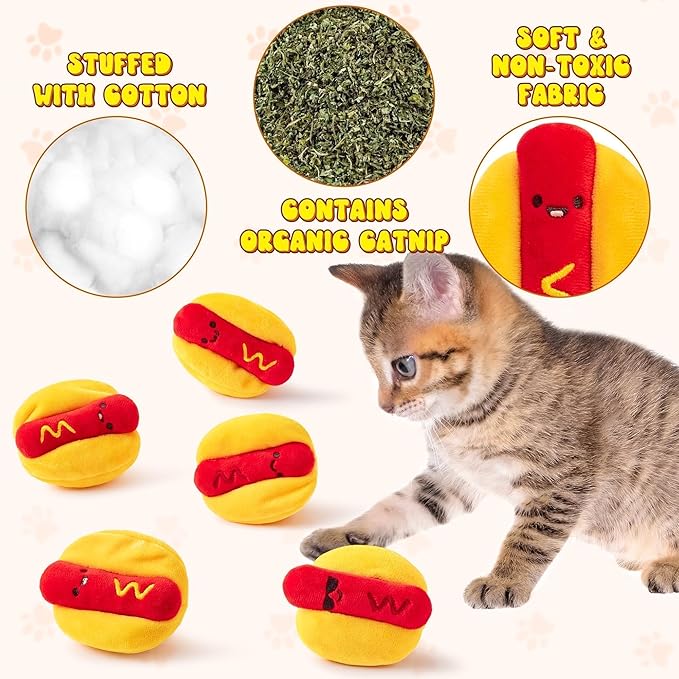 L1rabe Hot Dog Catnip Stuffed Toys - 5Pcs Funny Hot Dog Cat Toys Indoor Yellow Interactive Pet Supplies, Kitten Chew Bite Tools Cat Lovers Gifts, Organic Eco-Friendly Birthday Present