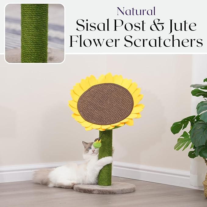 Catry 23" 2-in-1 Replaceable Cat Scratching Post with Convertible Sunflower Scratching Pad or Perch, Quick Assembly, Garden Style, Ideal for Small to Medium Cats