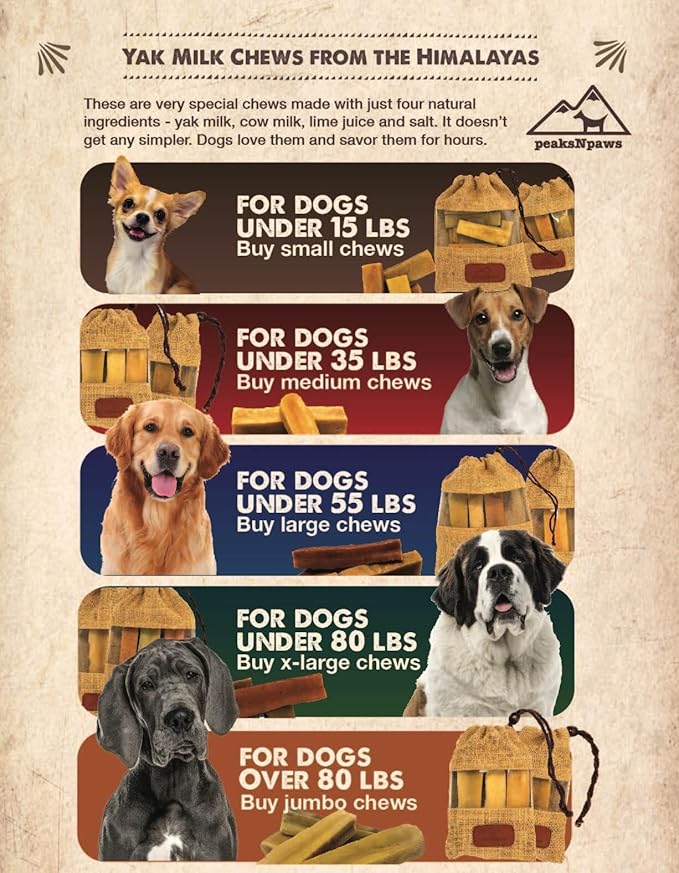 peaksNpaws Yak Cheese, High Protein, Himalayan Dogs Chews, Natural Dog Treats, Lactose Free, Long Lasting Dogs Treat for Aggressive Chewers Over 80 lbs, 3 Jumbo Chew Sticks