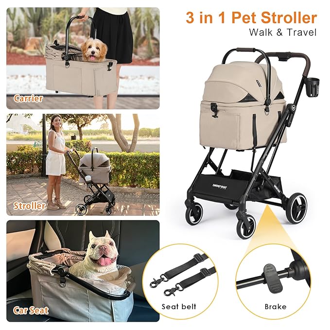 X2 Pet Stroller, Dog Cat Stroller for Small Pets, Equipped with Detachable & One-Click Folding Carrier, Waterproof Pad & Sunshade Canopy,Camel