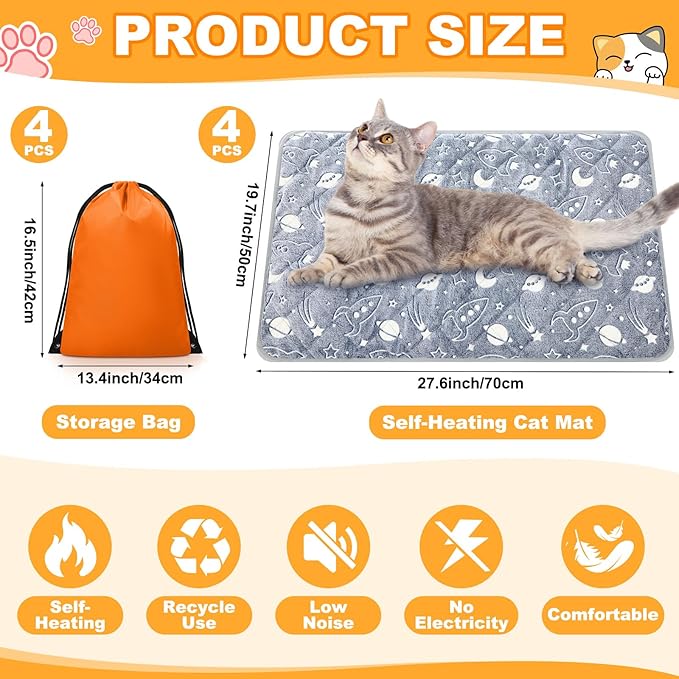 Riakrum 4 Pack Self Warming Cat Mat Heating Cat Bed 24" x 18" Thermal Dog Self Warming Pad Pet Heating Pad Non Slip Bottom Washable with Storage Bag for Indoor Outdoor Kitten Pet(20 x 28 Inches)
