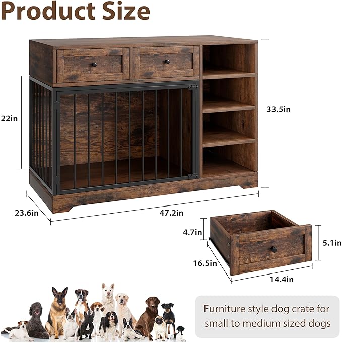 Dog Crate Furniture 47?? Large Dog Crate TV Stand with 2 Drawers and 4 Shelves, Wooden Dog Kennel Indoor, Decorative Dog Cage with Storage for Large Dogs, Brown