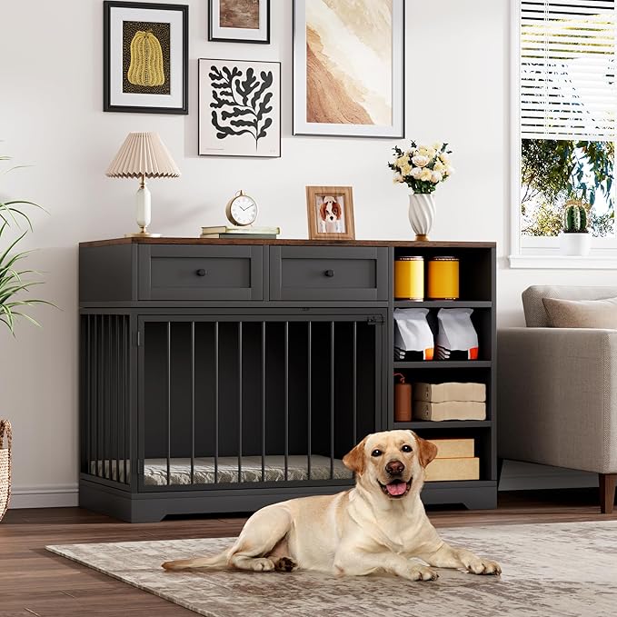 Dog Crate Furniture 47?? Large Dog Crate TV Stand with 2 Drawers and 4 Shelves, Wooden Dog Kennel Indoor, Decorative Dog Cage with Storage for Large Dogs, Black