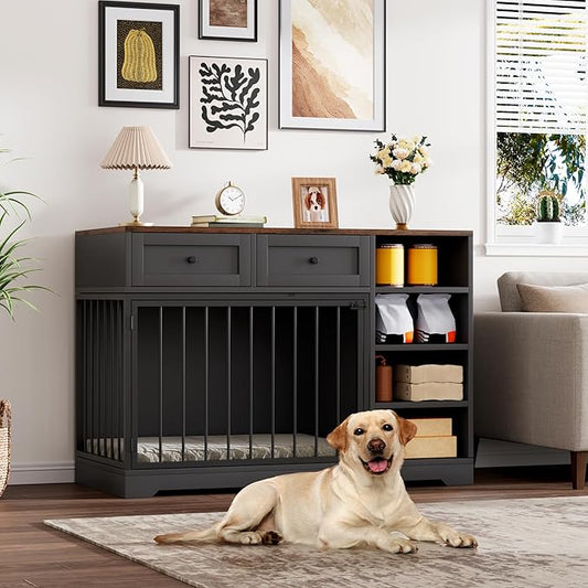 Dog Crate Furniture 47?? Large Dog Crate TV Stand with 2 Drawers and 4 Shelves, Wooden Dog Kennel Indoor, Decorative Dog Cage with Storage for Large Dogs, Black