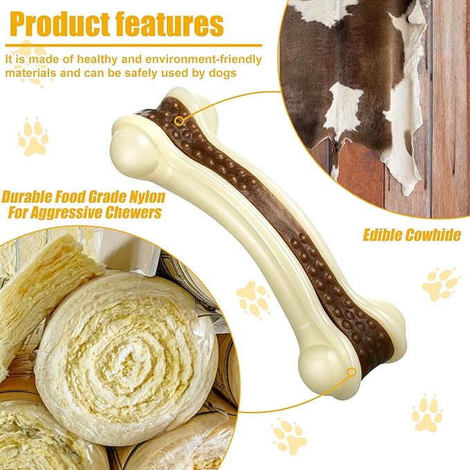 Sosation 3 Pack Chew Toys for Aggressive Chewers, Bone Toys Nylon Beef Flavor Dog Teething Toys for Large/Medium/Small Puppies Breeds(Small, Large, Medium, Curved Bone)