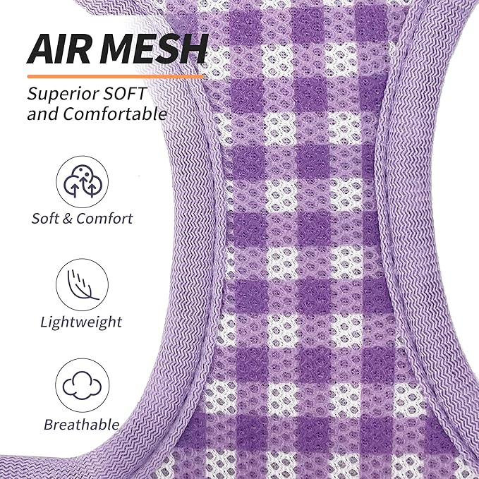 AIITLE Medium Dog Harness – Breathable Mesh with Plaid Design & Dual D-Rings – Secure Fit for Camping, Hiking & Daily Adventures (L, Purple)