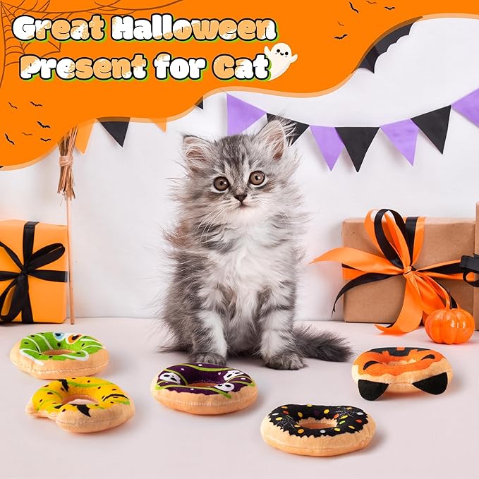 L1rabe Christmas Catnip Cat Toys - 5 Donut Catnip Stuffed Kittens Supplies, Pumpkin Bat Spider Dessert Pet Toys, Fun Cats Chew Bite Teething Tools Catmint Birthday Interactive Supplies