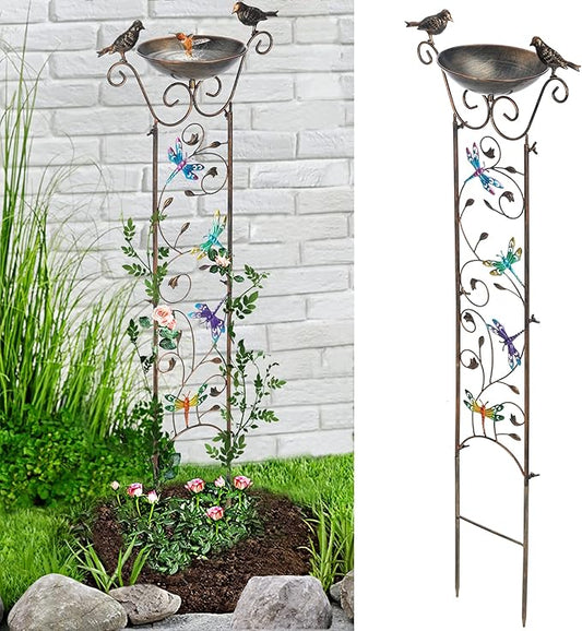 LEWIS&WAYNE Garden Trellis Bird Bath Outdoor, 40 Inch Antique Iron Garden Plant Trellis Decorative with Dragonfly and Detachable Drinking Basin Bowl, Free Standing BirdBath Birdfeeder Station