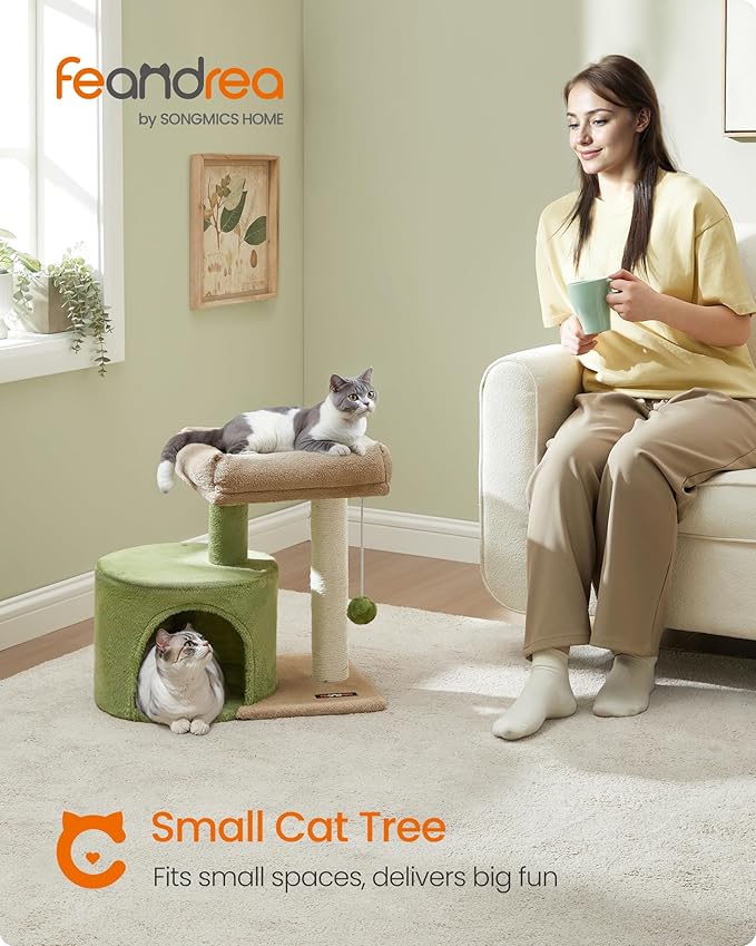 Feandrea Cat Tree Tower with Sisal Scratching Post, Cat Condo with Padded Perch, for Small Spaces, Kittens, Grass Green and Camel Brown UPCT050C01