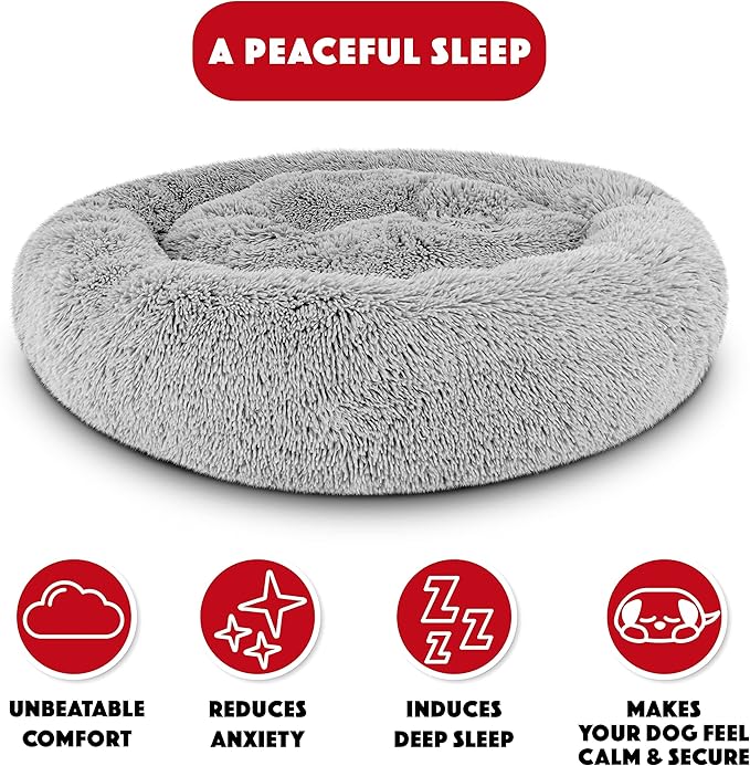 The Dog's Balls Dog Bed, Large Silver Grey Fur Calming Nest Bed