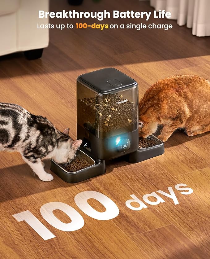 oneisall Cordless WiFi Automatic Cat Feeders 2 Cat, Rechargeable 100-Day Battery Operated Timed Cats Feeder, 20 Cups/5L Cats Food Dispenser Automatic for Large Kibble, Smart App Control.
