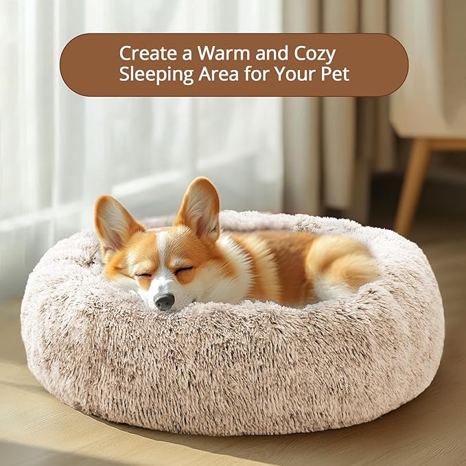 JOLLYVOGUE Calming Dog & Cat Bed for Large Dogs, Anti-Anxiety Donut Cuddler Cozy Soft Round Bed with Anti-Slip Bottom, Fluffy Faux Fur Plush Cushion Beds for Medium Dogs (36")