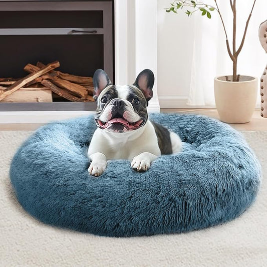 JOLLYVOGUE Calming Dog & Cat Bed for Small Dogs, Anti-Anxiety Donut Cuddler Cozy Soft Round Bed with Anti-Slip Bottom, Fluffy Faux Fur Plush Cushion Beds for Small Pets (20")