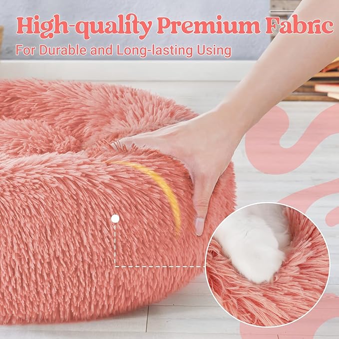 rabbitgoo Calming Dog Bed for Small Medium, 27 inches Pet Bed Machine Washable, Non-Slip Round Fluffy Plush Faux Fur, Soft Donut Cuddler Cushion for Small Dogs, Pink